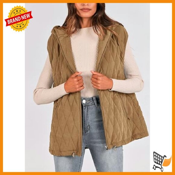 Sleeveless Hooded Zip-Up Puffer Vest, Cotton Padding, Pockets, Oversized Fit - Picture 4 of 8